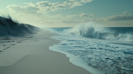 Waves crash on sand, grassy dunes on the left