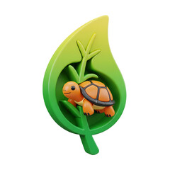 Cute 3D Render of a Baby Turtle on a Green Leaf, Symbolizing Nature and Conservation