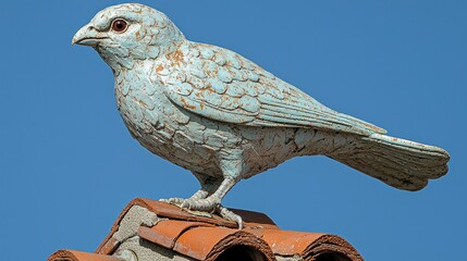 Weathered bird sculpture on tiles against clear blue sky