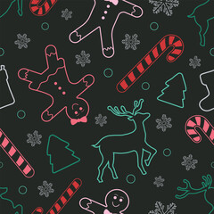 Christmas Outline Seamless Pattern. Christmas and New year Holiday Repeatable Pattern. Decorative Elements Texture for Wallpaper, Gift Wrapping paper, Card or Banner Template or Fabric Textile Prints.