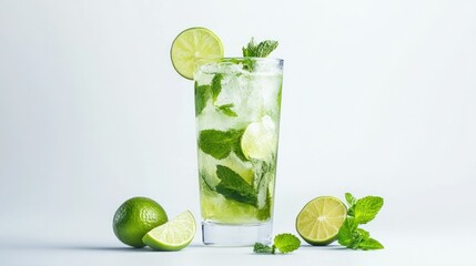 A refreshing mojito cocktail with lime and mint on a bright white background