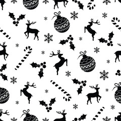Vector decorative Christmas and new year Seamless Pattern. Christmas ornamental silhouette balls, deers, snowflakes, holly berries and candy texture background holiday greeting card backdrop template.