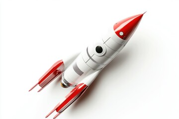 Close up shot of a red and white toy rocket on a plain white background