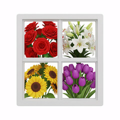Four Seasons Flower Window Display with Roses, Lilies, Sunflowers, and Tulips on White Background