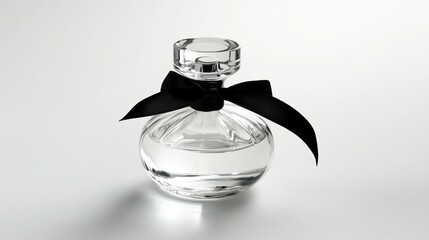 A clear glass perfume bottle with a black ribbon on a white background