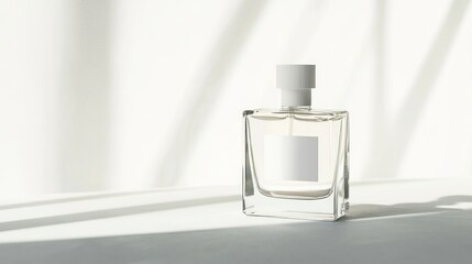 Clear glass perfume bottle with white label and cap on a white surface