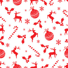Vector decorative Christmas and new year Seamless Pattern. Christmas ornamental silhouette balls, deers, snowflakes, holly berries and candy texture background holiday greeting card backdrop template.