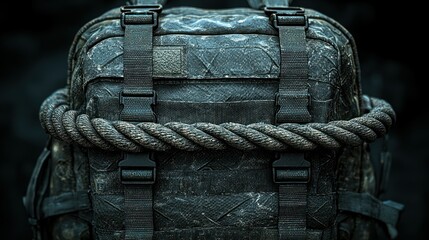 Weathered backpack with rope detail, dark aesthetic