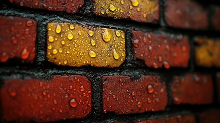 Wet bricks in close-up, orange and yellow hues