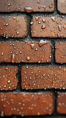 Wet brick wall, droplets cling to surface, close-up view