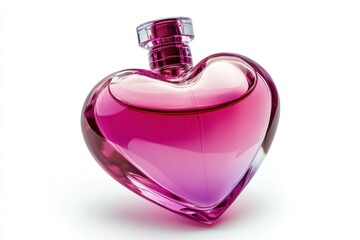 Close up of a heart shaped perfume bottle filled with pink liquid on white