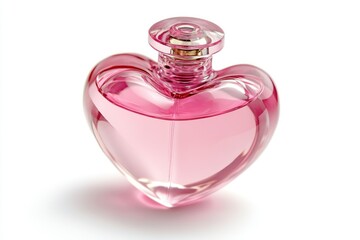 Close up of a heart shaped pink perfume bottle on a white background shot
