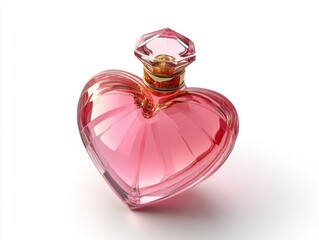 Close up of a heart shaped pink perfume bottle with a faceted crystal cap