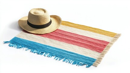 Straw hat with black band on a colorful striped fringed beach towel laid flat