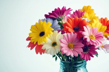 Assorted colorful gerbera daisies in a blue glass jar on a white background