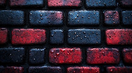 Wet bricks, red and dark, close-up texture, slightly soft