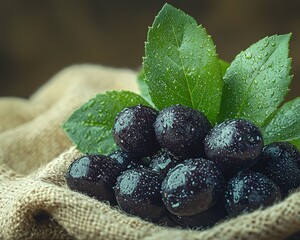 Wet, dark berries with leaves on burlap