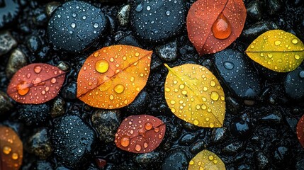Wet leaves on dark rocks; fall colors