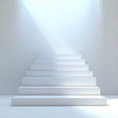 White stairs lead up, illuminated by beams