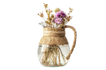 Boho Rustic Aquarius zodiac symbol floral arrangement in water jug with seasonal wildflowers on transparent png