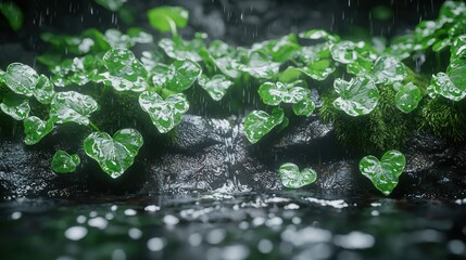 Wet leaves, rock, moss, and rain with a shallow focus