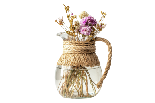 Boho Rustic Aquarius zodiac symbol floral arrangement in water jug with seasonal wildflowers on transparent png