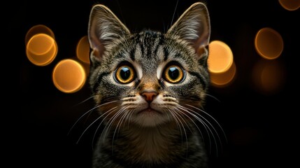Wide-eyed tabby cat with bokeh lights behind