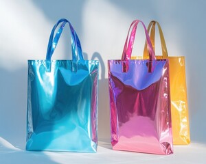 Three shiny tote bags in blue pink and yellow against a white background
