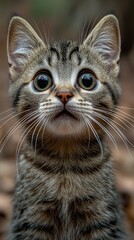 Wide-eyed kitten looking up, brown fur, natural light