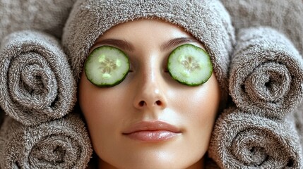 Woman relaxing with cucumber slices and rolled towels