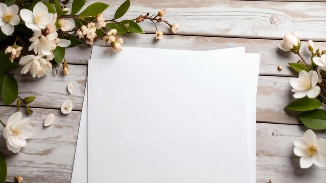Elegant blank paper sheets displayed on rustic wood surface surrounded by branches of white blossoms and lush green leaves for creative design