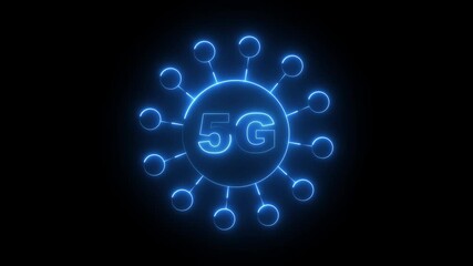 glowing neon 5G technology icon isolated on black background. HD video motion graphic animation. Transfer 5G Web Communications Signal on Worldwide. - Powered by Adobe
