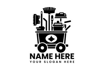 Modern black vector logo concept of industrial janitorial cart with complete cleaning tools and supplies