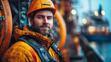 Worker in orange gear against harbor backdrop