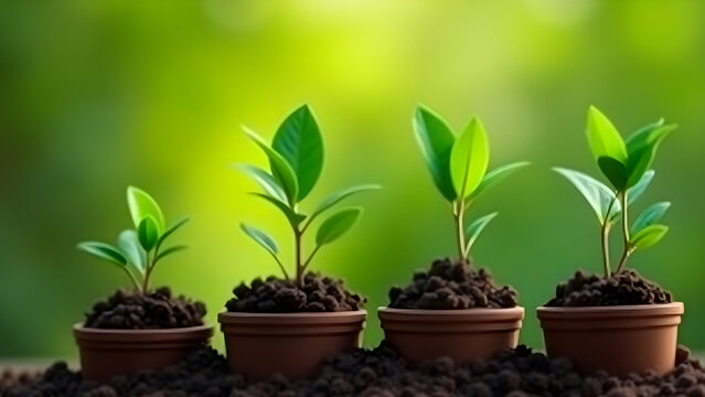 AI generated An ecological concept with growing green leaves, young green shoots in biodegradable peat moss pots. Eco, zero waste, plastic free, sustainable lifestyle, renewable. Bokeh
