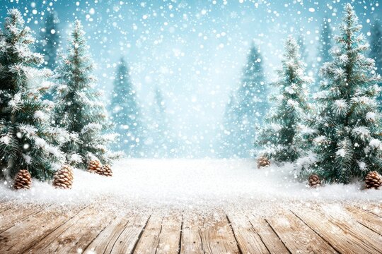 A serene winter scene depicts snow-covered evergreen trees under a softly falling snow, set against a blurred background and viewed from a wooden platform in the foreground