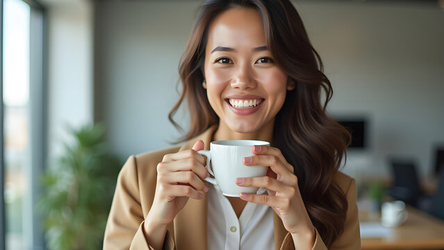 Young businesswoman enjoying coffee in a modern office space while radiating confidence and approachability
