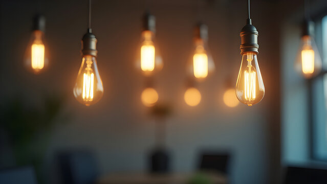 Hanging retro light bulbs illuminating modern office space