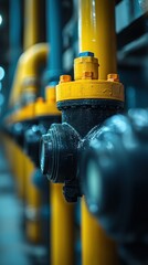 Yellow/blue pipes, dark valves in a dim factory