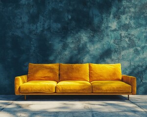 Yellow sofa against blue textured wall