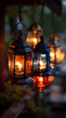 Obraz premium Hanging lanterns illuminate the twilight with a warm glow, creating a magical ambiance.