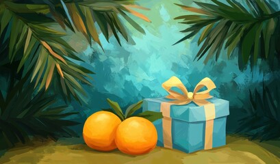 Bright oranges and a blue gift box surrounded by lush greenery