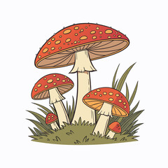 Whimsical forest mushroom vector with colorful red, orange, and brown toadstools. nature design, clean lines, fantasy-inspired fungi scene on pure white background. Perfect for prints. 