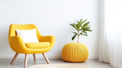 A stylish yellow chair paired with a vibrant knitted ottoman and a decorative plant creates a cozy and inviting corner perfect for relaxation and casual gatherings in modern interiors.