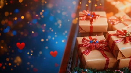 Obraz premium Festive wrapped gifts with bright decorations on a colorful background