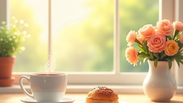 Coffee cup sits beside a pastry and a vase of flowers in a sunny kitchen