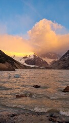 Pink Clouds over Cerro Torre at Sunrise, Laguna Torre, El Chalten, Argentina