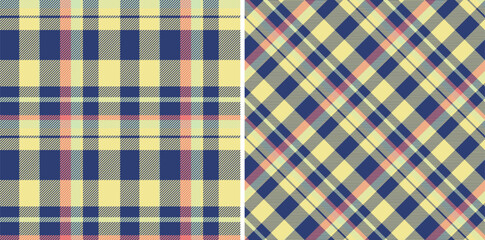 Two stylish plaid patterns in pastel yellow, navy, and coral. Perfect for textile design, website backgrounds, or crafting projects.  These versatile patterns evoke feelings of warmth and comfort.
