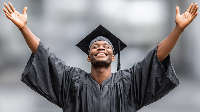 Happy Black student in graduation cap and gown with hands raised in celebration. Perfect for education ads, university promotions, diversity campaigns, or success-themed content.