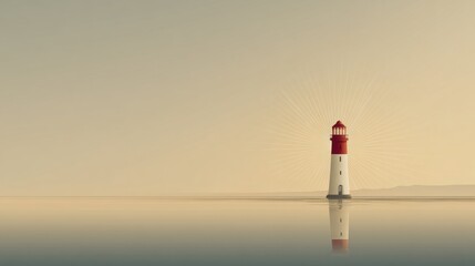 White and red lighthouse glowing over calm sea symbolizing maritime guidance and safety
